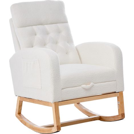 Fauteuil à bascule en bois massif avec revêtement bouclé blanc et repose-pieds réglable (1/5)