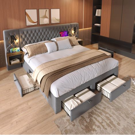 Letto matrimoniale 180x200 cm con 2 comodini, 4 cassetti, luci USB-C, velluto grigio REDOM (1/5)