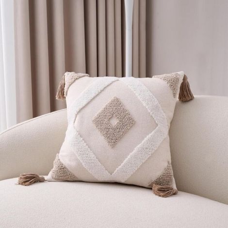 Housse de coussin bohème, coussin décoratif, housse de coussin en coton et lin avec pompon, décorative, canapé, salon, chambre, housse de coussin vintage, sans coussin (45 x 45 cm) (1/4)