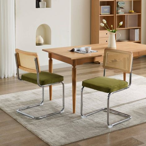 Lot de 2 chaises design breuer vert olive velours cannage piètement chrome style mid-century (1/5)