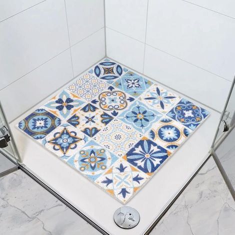 ALLIANDIS Tapis de douche antidérapant 60x40cm, tapis de bain carré, fond en maille perméable et respirante- à carreaux bleus et blancs