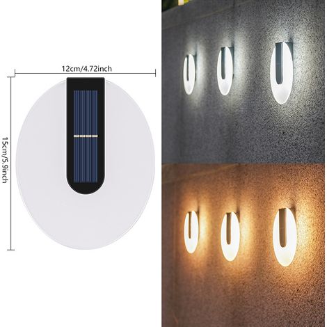 Lámpara solar impermeable para jardín, apta para uso exterior, brillante, aplique decorativo de pared de acrílico con doble cabezal (8 LED ovalados de acrílico [luz blanca + luz cálida]). (1/5)