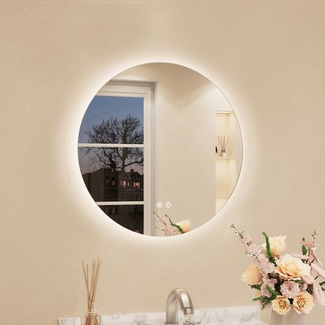 Keonjinn Badspiegel rund mit Beleuchtung 50cm, LED-Badspiegel mit Licht Kalt/Neutral/Warmweiß dimmbar, Touch-Schalter, Antibeschlag, Memory-Funktion, HD gehärtetes Glas, IP44 (1/5)