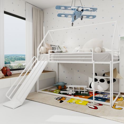 Lit mezzanine enfant 90×200 cm en métal, lit cabane avec toboggan, forme maison, antichute, sans matelas, blanc (1/5)