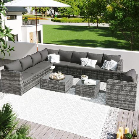 Large 9-seater rattan corner garden sofa with coffee table, seat cushions and back cushions (1/5)