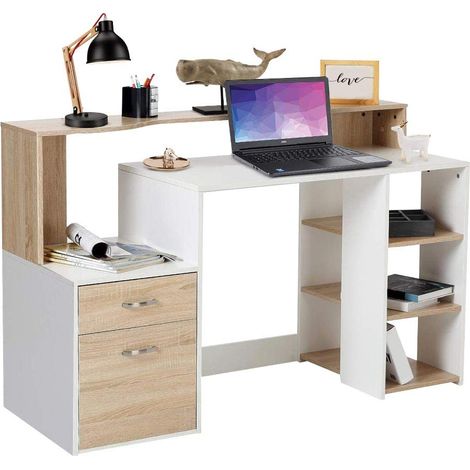 Bureau avec tiroir et armoire Table de travail Ordinateur de porte PC en bois mélaminé Meubles de bureau à domicile Blanc Beige (1/5)