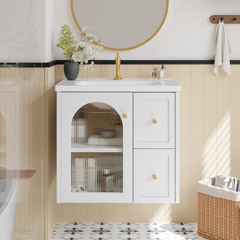 Mueble lavabo suspendido de MDF blanco con lavabo cerámico, LED integrada y cierre suave, 60,5x47,5x57 cm (1/5)