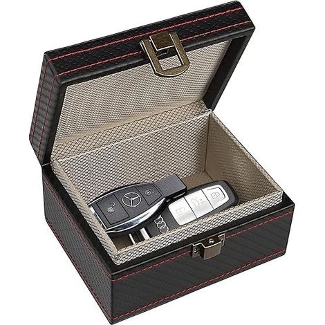 Estuche Faraday para llaves de coche - Bloqueador de señal RFID, antirrobo, antiescaneo y antiGPS, llavero blindado de fibra de carbono y piel sintética, negro (S)