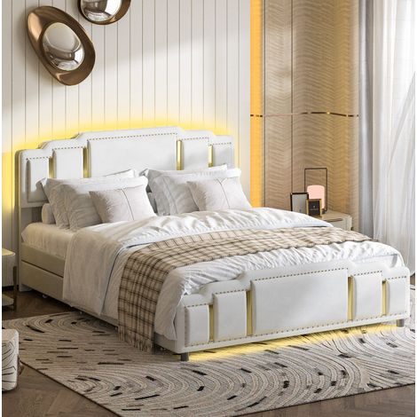 Bett 160x200 cm, gepolstert in Beige-Samt, mit 4 Schubladen, LED 7 Farben, Kopf- und Fußteil mit Edelstahlleisten
