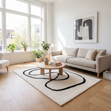 Tapis en laine Abstract Allure - Tapis en laine - 180x120cm, Rectangular - 100% Laine vierge - Tufté main - Noir et blanc
