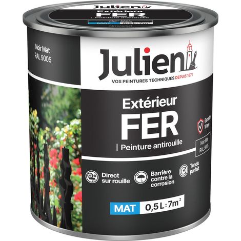 Julien Peinture Fer Anti-Rouille Mat - Portes, grilles, portails, mobilier de jardin en métal - Noir Mat 0,5 L