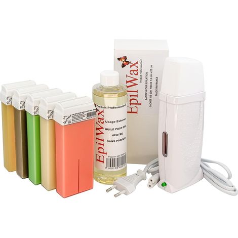 Kit Chauffe Cire Épilation Professionnelle avec 5 x Recharges Roll on Cire Chocolat/Vanille/Rose/Miel/Alèo Vera, 100 x Bandes d'Épilation et Huile après Épilation - Gamme Royal Multi (1/5)