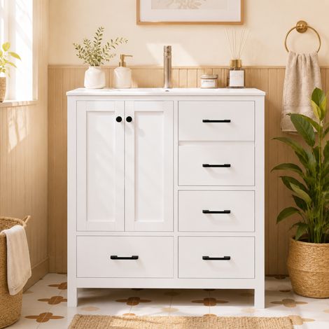 Modernluxe - Meuble de salle de bain avec vasque en céramique - 4 tiroirs et 2 portes - Finition peinte - MDF - Blanc (1/5)