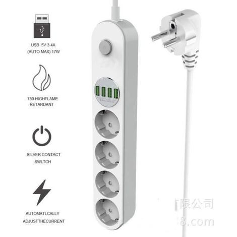 (Blanc)Multiprise Parasurtenseur Parafoudre 4 Prises et 4 Prises USB - Blanc - Type E - 10A - 2m (1/4)