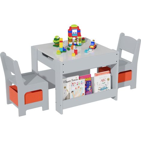 Table Enfant 4-en-1 avec 2 Chaises - Table de Jeu en Bois avec Tiroirs de Rangement, Tableau Noir et Tableau Blanc - Gris (1/5)