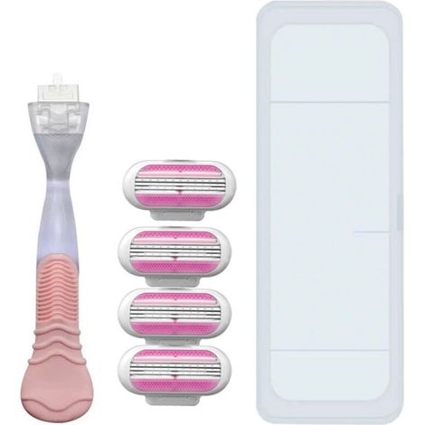 Rasoir à 3 lames pour femmes – Épilation douce et précise (1 manche vintage rose + 4 cartouches remplaçables + étui de rangement) (1/4)
