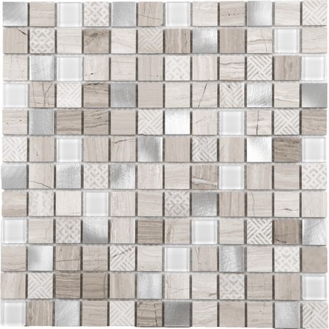 MAT INTER - Feuille 305x305 - Tesselle 23x23x4mm - Mix alu / verre / marbre poli / grave gris / wooden