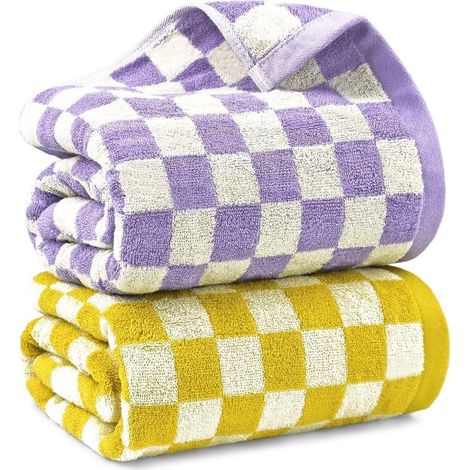 Buse Set mit 2 großen, gelb-lila karierten Badetüchern, weich und farbenfroh, für Bad und Spa große Duschtücher (140 x 69,8 cm), dünn und schnelltrocknend, ideal für Strand und Spa (1/5)