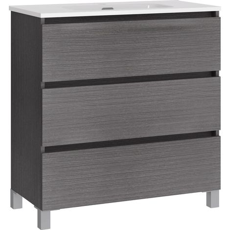 Ensemble de Salle de Bain Natura. Meuble de Salle de Bain à Fond réduit, avec lavabo en céramique. Distribution Trois tiroirs. Meuble monté. Trois tiroirs sans Miroir. Fond 39 cm 70 cm Cendre (1/5)