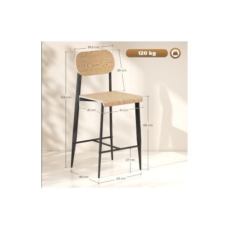 Ensemble de 2 tabourets de bar noir et bois naturel avec repose-pieds et cadre métallique, assise 66 cm, pour cuisine et comptoir (1/5)