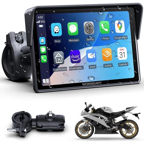 Wireless CarPlay Motorcycle Screen Compatible with Apple CarPlay & Android Auto, 5 Inch Waterproof Motorcycle Touch Screen with Dual Bluetooth, GPS Navigation, Voice Controls, Equalizer, USB/ACC Power (1/5)