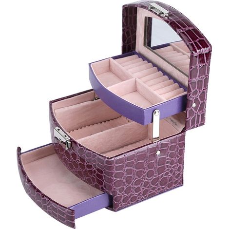 Boîte à bijoux portable à plusieurs niveaux avec miroir violet (1/5)