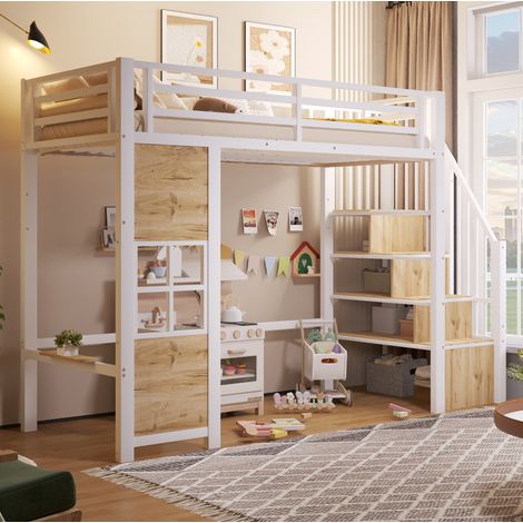 Etagenbett 90/200 cm weiß mit Stauraumtreppe und offenem Spielbereich (1/5)