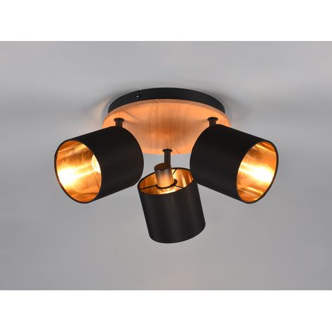 Deckenstrahler TOMMY 3-flammig Holzoptik, E14 Stoffschirme Schwarz Gold Ø 25cm (1/5)