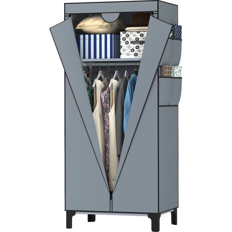 Armoire Pliante en Tissu Gris de 60 x 45 x 161 cm avec Fermeture à glissière, Barre de penderie, étagères et Poche latérale - Armoire en Tissu pour Le Camping