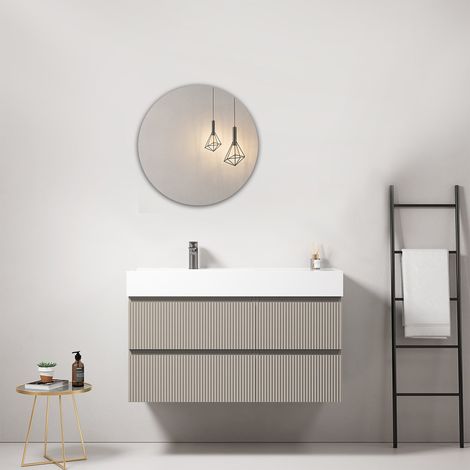 Mobile bagno sospeso cannettato 100 cm Grigio Cenere Lavabo a Sinistra in Resina Specchio Tondo - Fiji Paint (1/4)