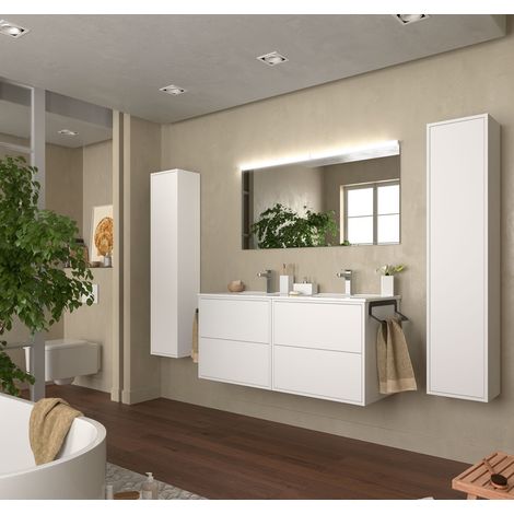 Mobile bagno sospeso 120 cm 4 cassetti in legno bianco satinato con lavabo ad incasso in porcellana - Olympus - 120 cm Con Specchio Doppia colonna e Doppia lampada LED - Misura: 120 cm - Accessorio: C