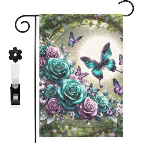 Bannière de cour Welcome et bouquet de fleurs violettes 30 x 45 cm décoration maison de campagne (1/5)