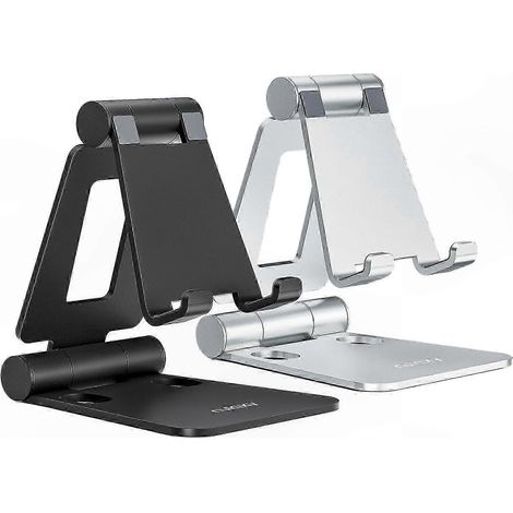 Support téléphone réglable double pack de 2, support de bureau en aluminium pour tous smartphones, noir et argenté (1/5)