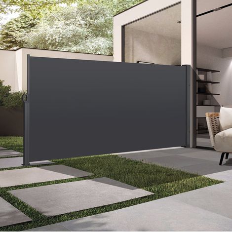 Store latéral rétractable gris foncé jusqu’à 3 m, en tissu imperméable, structure aluminium et acier, pare-vue et brise-vent pour balcon – de FLORAGRACE (1/5)