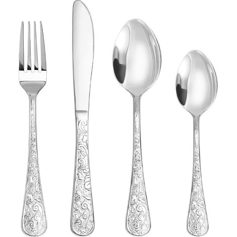 Ensemble de couverts vintage en argent sculpté 24 pièces pour 6 personnes, vaisselle en acier inoxydable avec couteau/fourchette/cuillère, ensemble de couverts pour la maison et la cuisine (1/5)