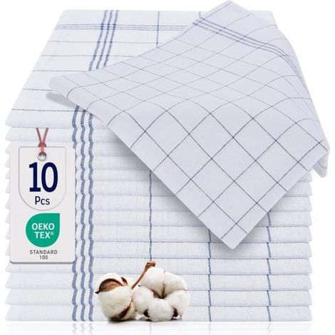 Lot de 10 torchons 45x 62cm - 100% coton Torchon Premium Super Absorbant Elegant Check Design - Bleu (1/3)