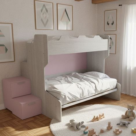 Letto a castello con gradini a cassetti e passerella - Una piazza e mezza e singola - Rovere rock e cipria