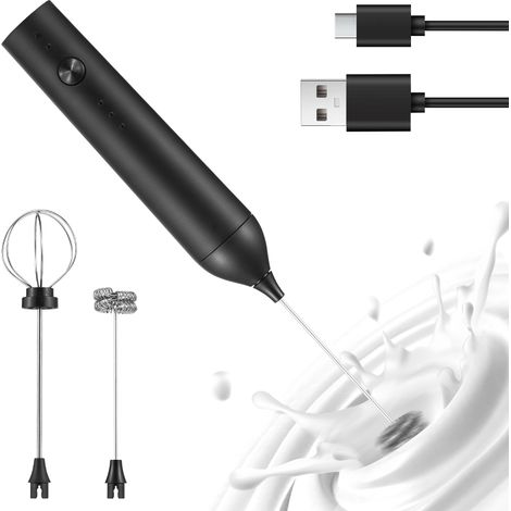 Espumador de leche eléctrico recargable, portátil, con 3 velocidades ajustables, soporte para café, nata y claras de huevo, y 2 cabezales extraíbles de acero inoxidable apto para uso alimentario. (1/5)