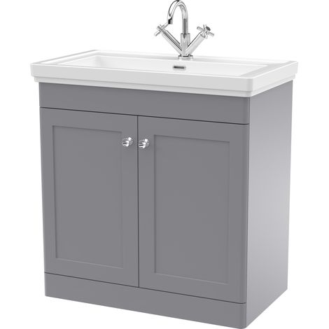Balterley Swynnerton Traditional Bathroom Floor Standing 2-Door Vanity Unit & Fireclay Basin, Satin Grey, 800mm (1/5)