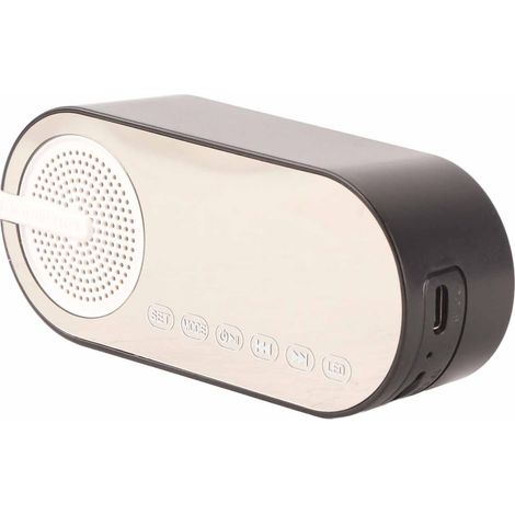 Enceinte Bluetooth 5.0 avec horloge miroir, radio FM à basses profondes, réveil numérique rechargeable avec lumières colorées, noir. (1/5)