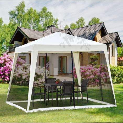 Pavillon de jardin en acier crème blanc 300 x 300 cm avec toit en polyester déperlant et moustiquaires latérales (1/5)