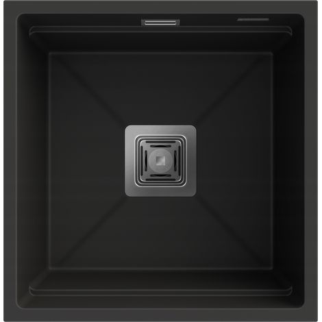 Granitan Évier En Granit 1 Bac Avec Siphon Carré Epir 44 - Noir (1/4)