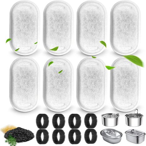 Filtres pour fontaine à eau pour chats – Filtres de remplacement pour distributeurs d'eau en acier inoxydable (modèles 3,2 L et 2 L), incluant 8 éponges (8 filtres et 8 éponges) (1/5)