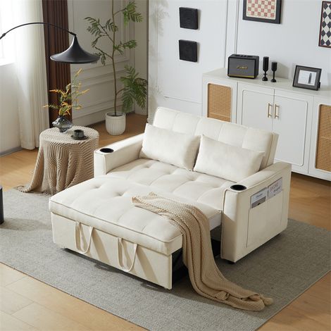 Fortuna Lai – Canapé convertible 2 places – Canapé-lit pliant avec porte-gobelet – Dimensions 137x76.5x83cm – Tissu velours beige (1/5)