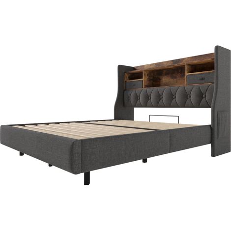 Cama tapizada 160x200 cm con LED, cabecero con almacenaje, USB Type-C, lino gris (1/5)