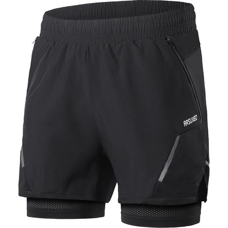 Herren-2-in-1-Shorts mit Reißverschlusstasche, schnelltrocknend, für Training, Fitnessstudio und Sport, Schwarz, Größe L