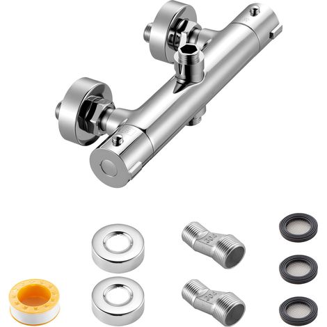 Mophorn Thermostatische Duscharmatur mit 38 °C Sicherheitssperre, Mischbatterie für Dusche und Badewanne, Temperaturregelventil für Badezimmer, Wohnmobil und Hotel, Chrom-Silber (1/5)