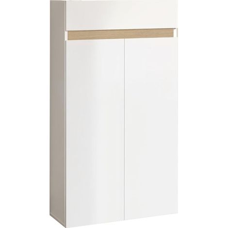 Meuble à chaussures 2 portes et 1 tiroir laqué blanc et décor bandeau aspect bois - EDEN