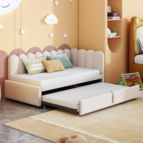 Canapé-lit gigogne 2 en 1 90/180x200 cm en velours beige, lit banquette en L avec sommier à lattes, couchage extensible, sans matelas (1/5)