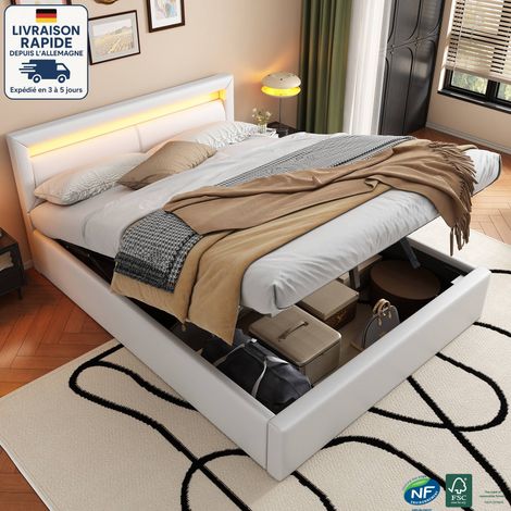 Lit coffre adulte 140x200cm, simili cuir, lit double LED, sans matelas, blanc (1/5)